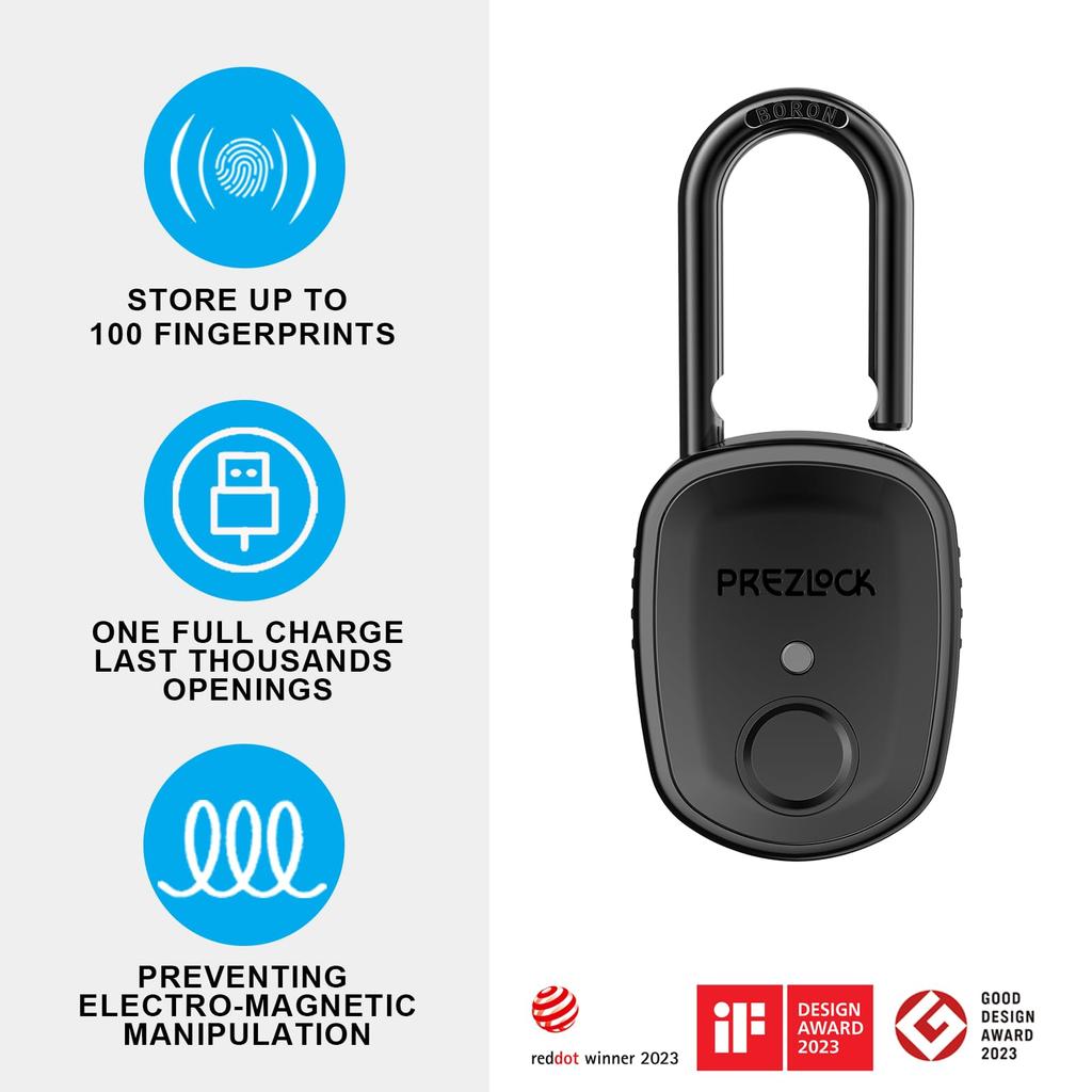 Prezlock Smart Fingerprint USB Backup Key Keyless Biometric Waterproof Standard For Outdoor Graphite Padlock, Lock, Authentication, Rechargeable,