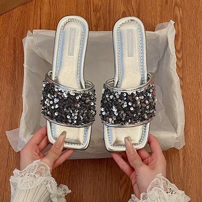 Популярные французские туфли-феи со стразами, сандалии на плоской подошве, шлепанцы черного цвета с летними пайетками, женские