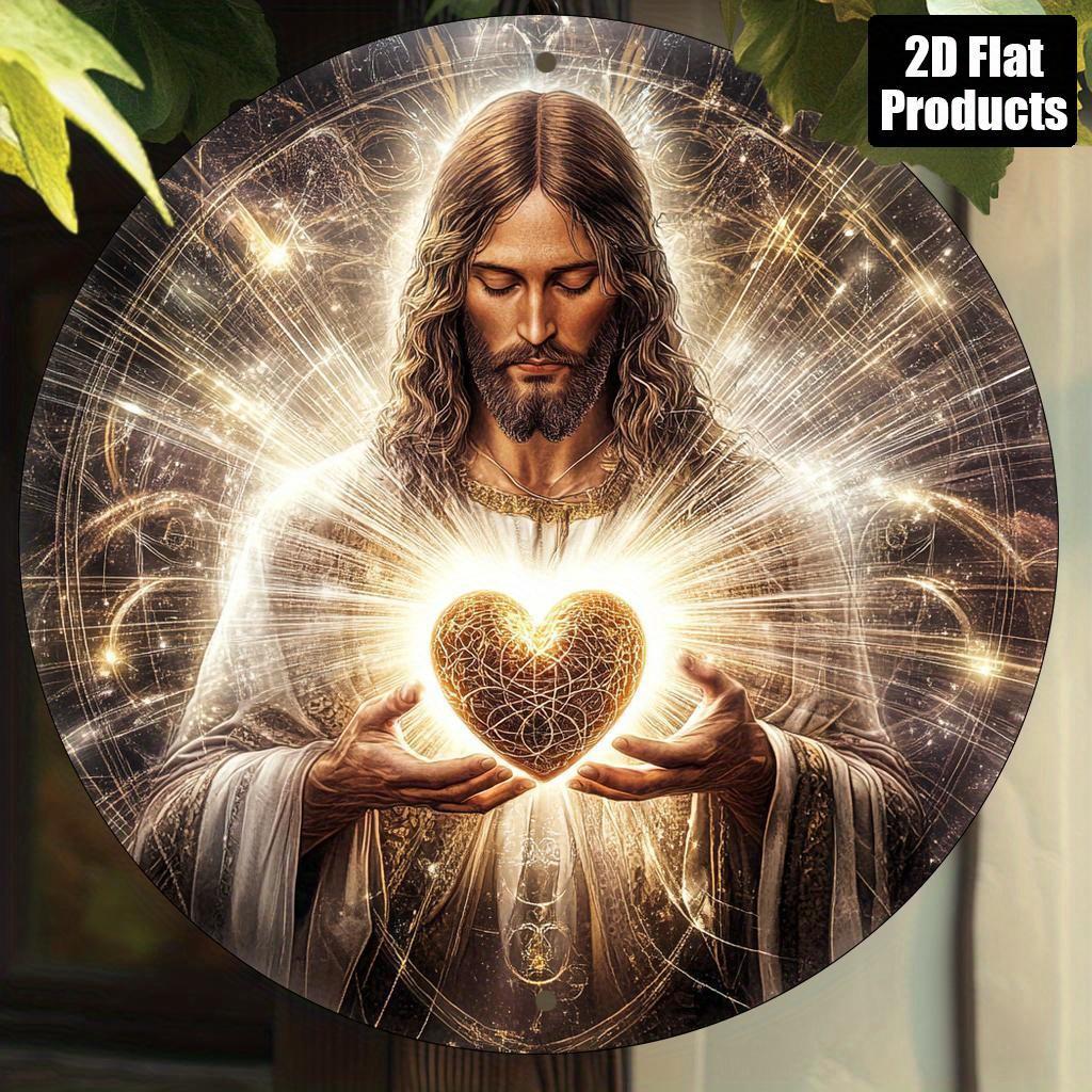 Sacred Heart of Jesus with Golden Light Round Metal Sign D Flat Printed Religious Christian Art Tin Plaque Spiritual Divine H