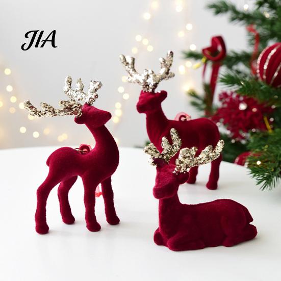 Elegant Holiday Home Decor Christmas Flocking Elk Statue, Red Plush Reindeer Ornament, Cute Seated Soft Animal Figurines Standing Deer Sculpture