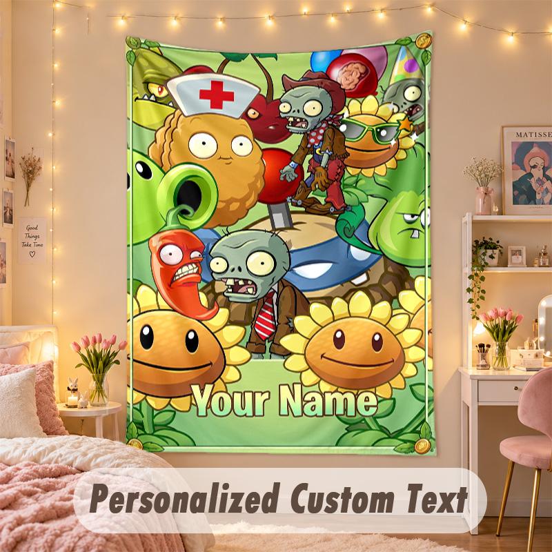 Custom Personalized Tapestry,Plants vs. Zombies Print Custom Name Text Wall Art Hanging for Bedroom