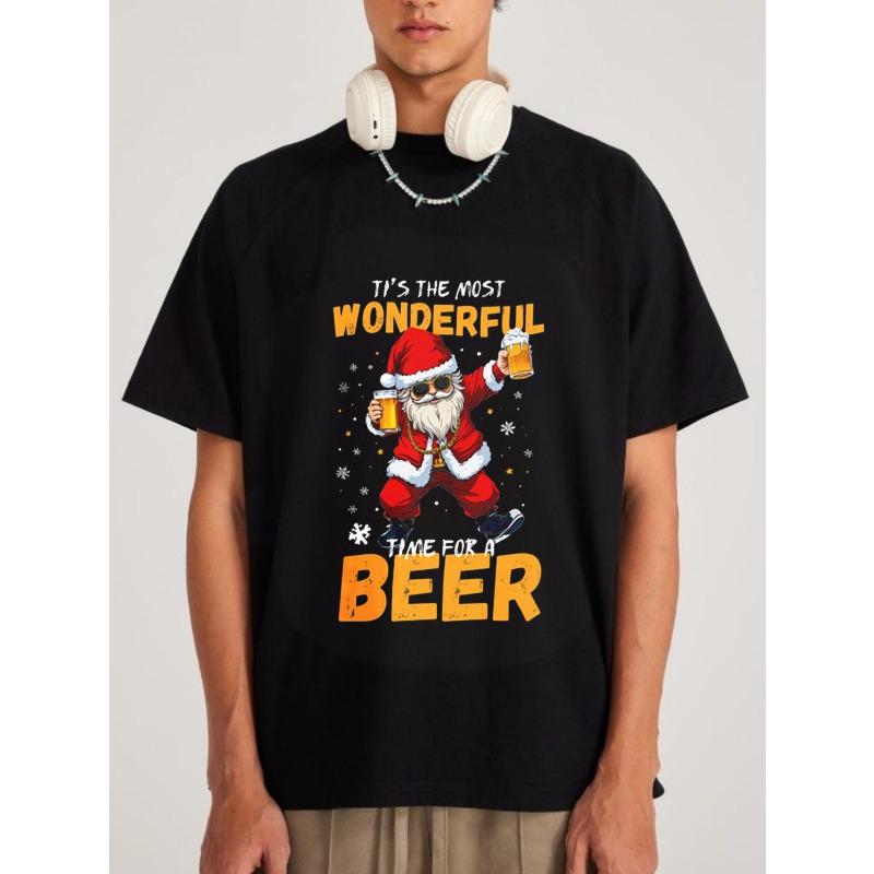 Christmas T Shirt Black Santa Claus Holding Beer With Its The Most Wonderful Time For A Beer Text Holiday Party Wear