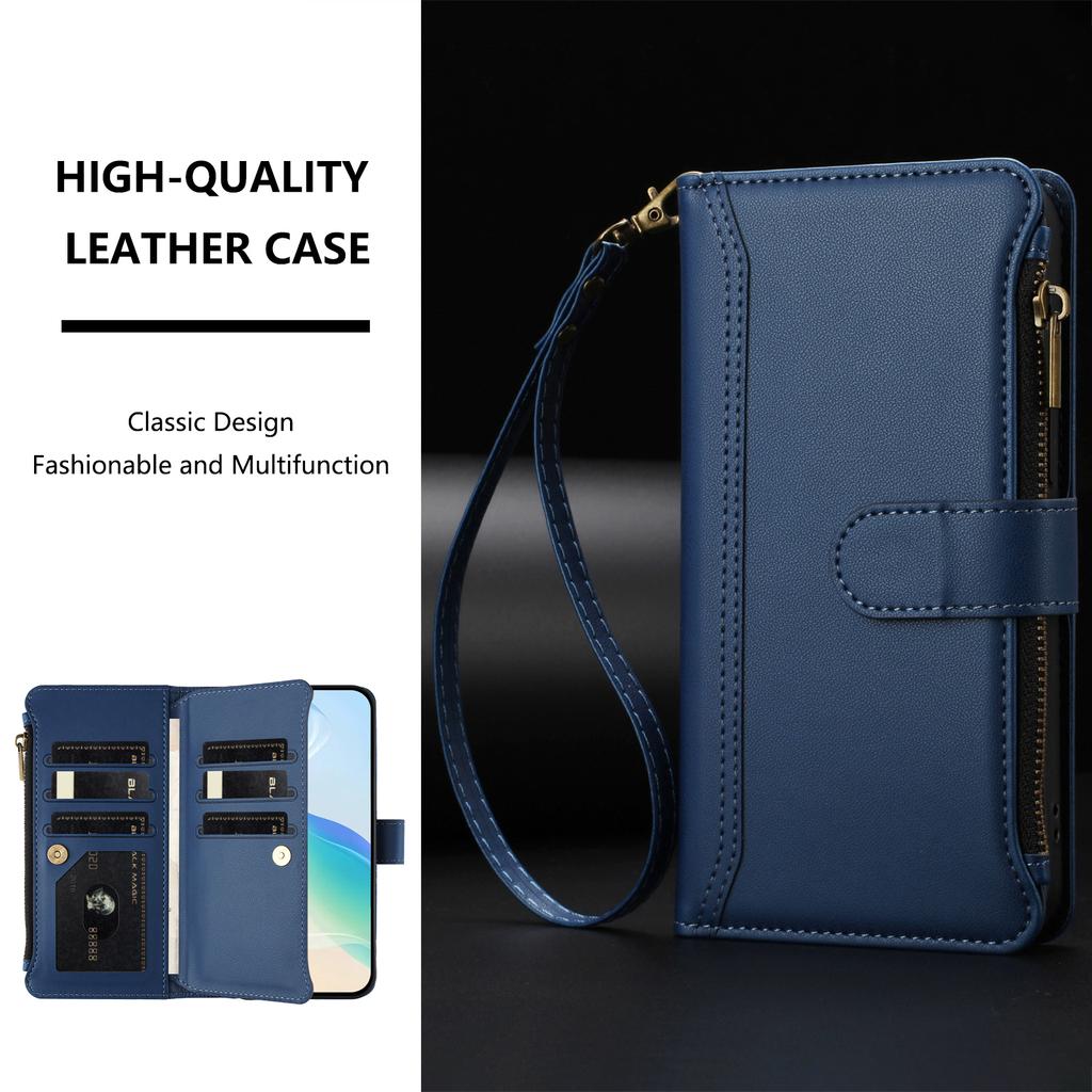 For Samsung Galaxy A26 5G Leather Case 9 Card Slots Zipper Wallet Stand Phone Cover with Wrist Strap