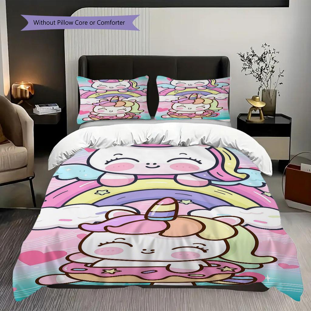 Unicorn Rainbow Dreams Cute Illustration Threepiece Set 1 Duvet Cover 2 Pillowcase Without Core Christmas Birthday Gift