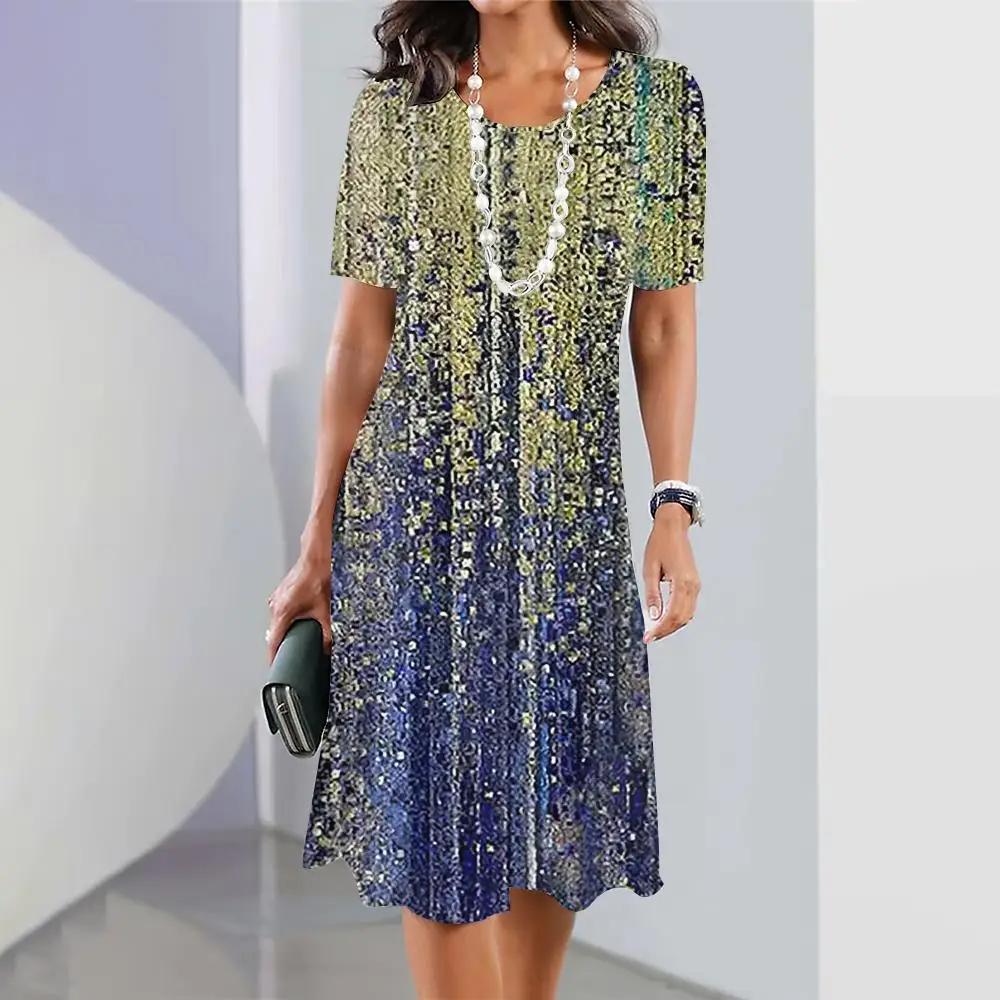 Женские платья с 3d градиентом и геометрическим принтом, платье с измельченным цветком, с короткими рукавами, праздничная одежда, элегантные топы, юбка трапециевидной формы в стиле ретро