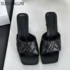 Fashion SUOJIALUN 2025 Summer New Women Slipper Fashion Square Toe Slip On Ladies Elegant Sandal Square High Heel Dress Slides Shoes