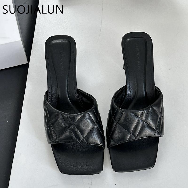 Fashion SUOJIALUN 2025 Summer New Women Slipper Fashion Square Toe Slip On Ladies Elegant Sandal Square High Heel Dress Slides Shoes