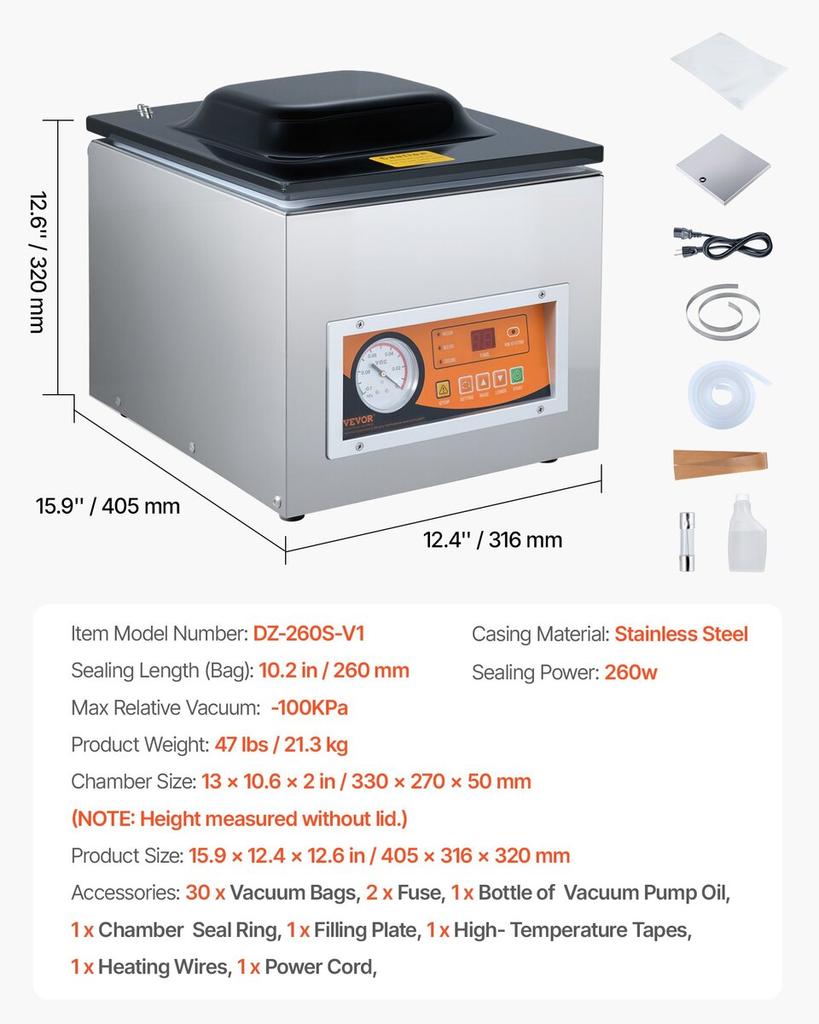 Chamber Vacuum Sealer, 260W Sealing Power, Vacuum Packing Machine for Wet Foods, Meats, Marinades and More, Compact Size with 10.2" Sealing Length,