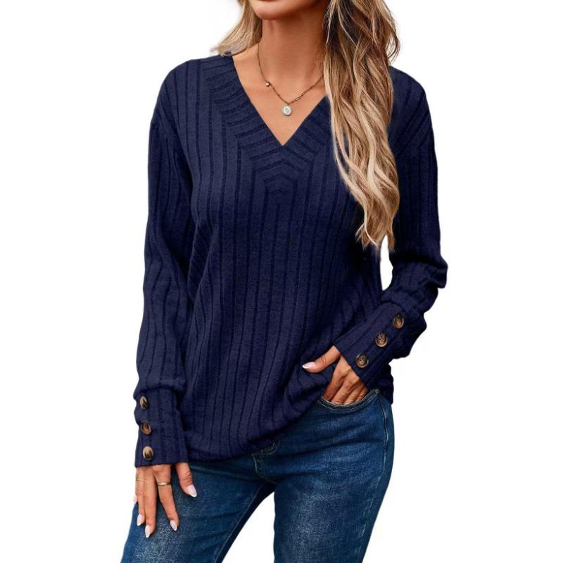 Spring Autumn Leisure Comfortable Pit Strips Matte V-neck Button Long Sleeve Solid Color T-shirt for Women