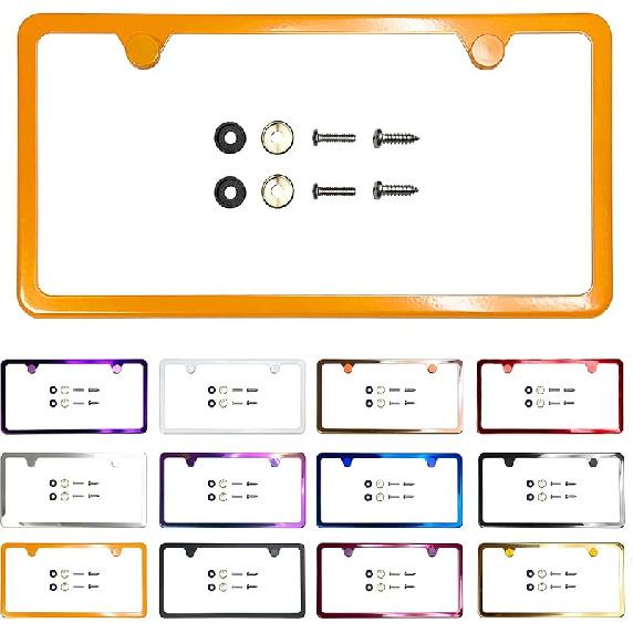 Рамка номерного знака Ized с лазерной гравировкой, фиолетовый хром, нержавеющая сталь T304, 2 отверстия, тонкая, универсальная посадка, алюминиевая крышка-заглушка на винтах, не ржавеет,
