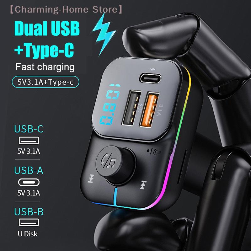 Bluetooth 5.3 Автомобильный FM-передатчик USB-флешка Type-C Быстрая зарядка Автомобильное зарядное устройство MP3-плеер Адаптер Aux Беспроводной автомобильный комплект Handsfree