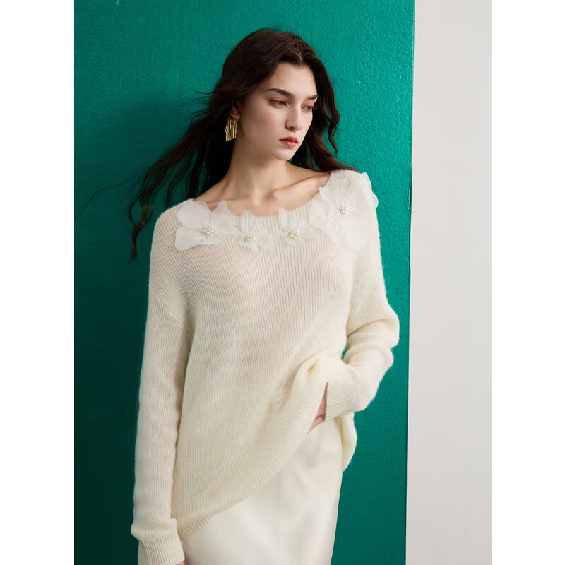 Sancai 2025 Spring 3D Floral Merino Wool Knit Two-Way Off-Shoulder Sweater