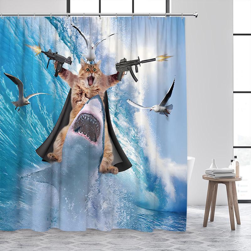 Funny Cat Riding Dinosaur Shower Curtain Cute Animal Surfboard Sea Waves Japanese Landscape Kids Bath Curtains Bathroom Decor
