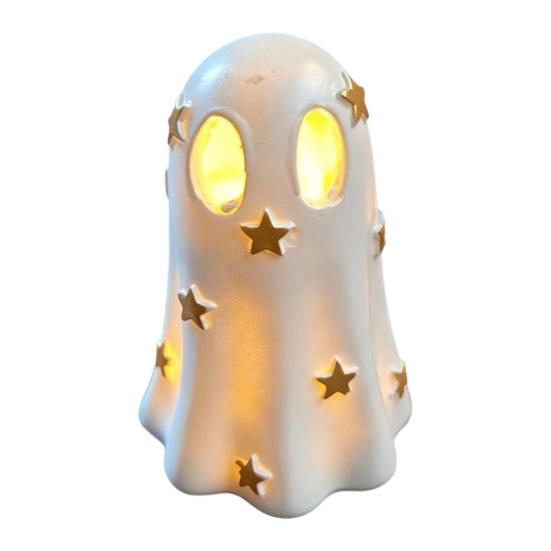 Resin Ghost Statue Halloween Decoration, Cute Light Up Figurine, Spooky Warm LED Bedside Lamp with for Shelf Mantel Indoor Home Decor Party Supplies