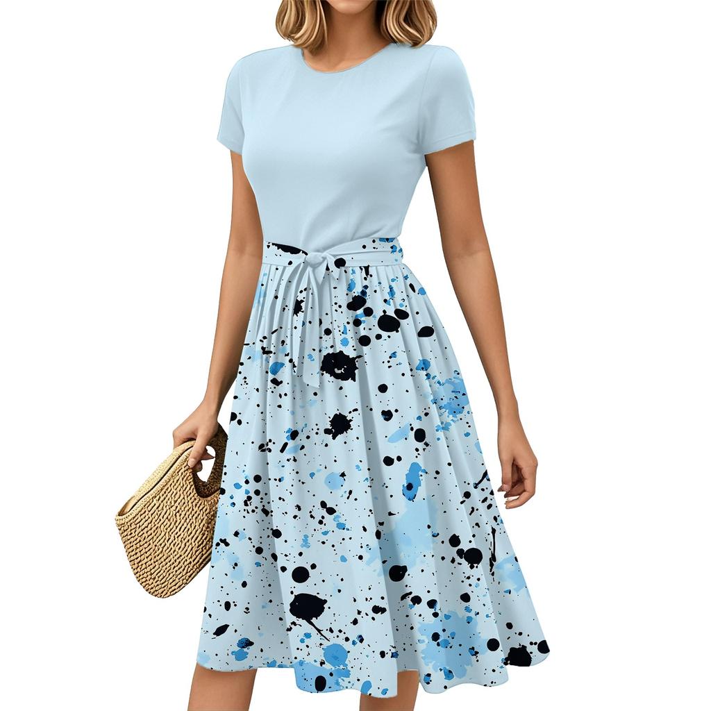 Женская мода Повседневный пояс С коротким рукавом Круглый вырез Геометрический принт Сплайсинг Элегантные платья с темпераментом