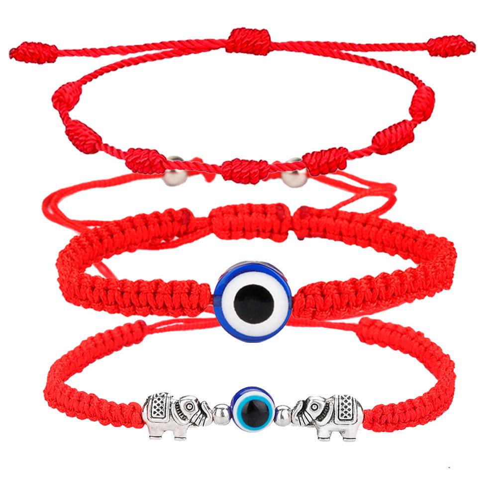 Набор браслетов из красной нити с синим сглазом - Ручная работа, плетеный дизайн