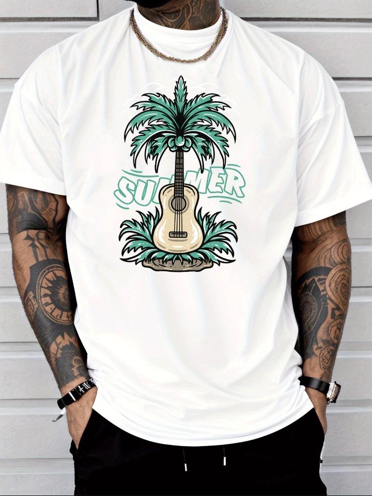 Unisex White Crew Neck Tee Palm Guitar Summer Print Oversized Short Sleeve Unisexs Summer Streetwear Casual Daily Basic Wear Top
