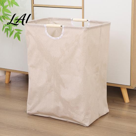 Cotton And Linen Laundry Organizer Basket with Wooden Handles Large Space Saving Bag Basket Storage Foldable for Families Collapsible Hamper