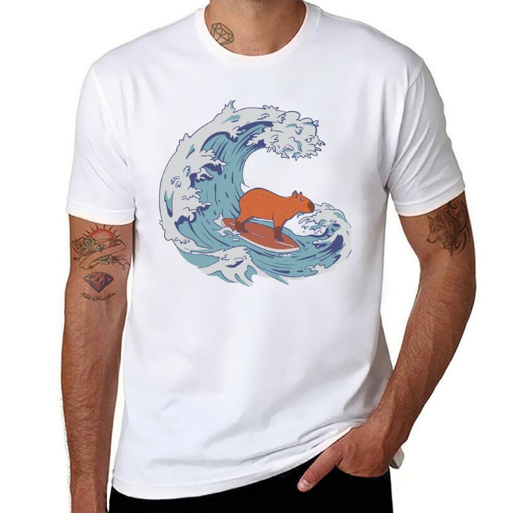 Funny Cute Giant Capybara Japanese Wave Tshirt Work Duty Casual Tshirt