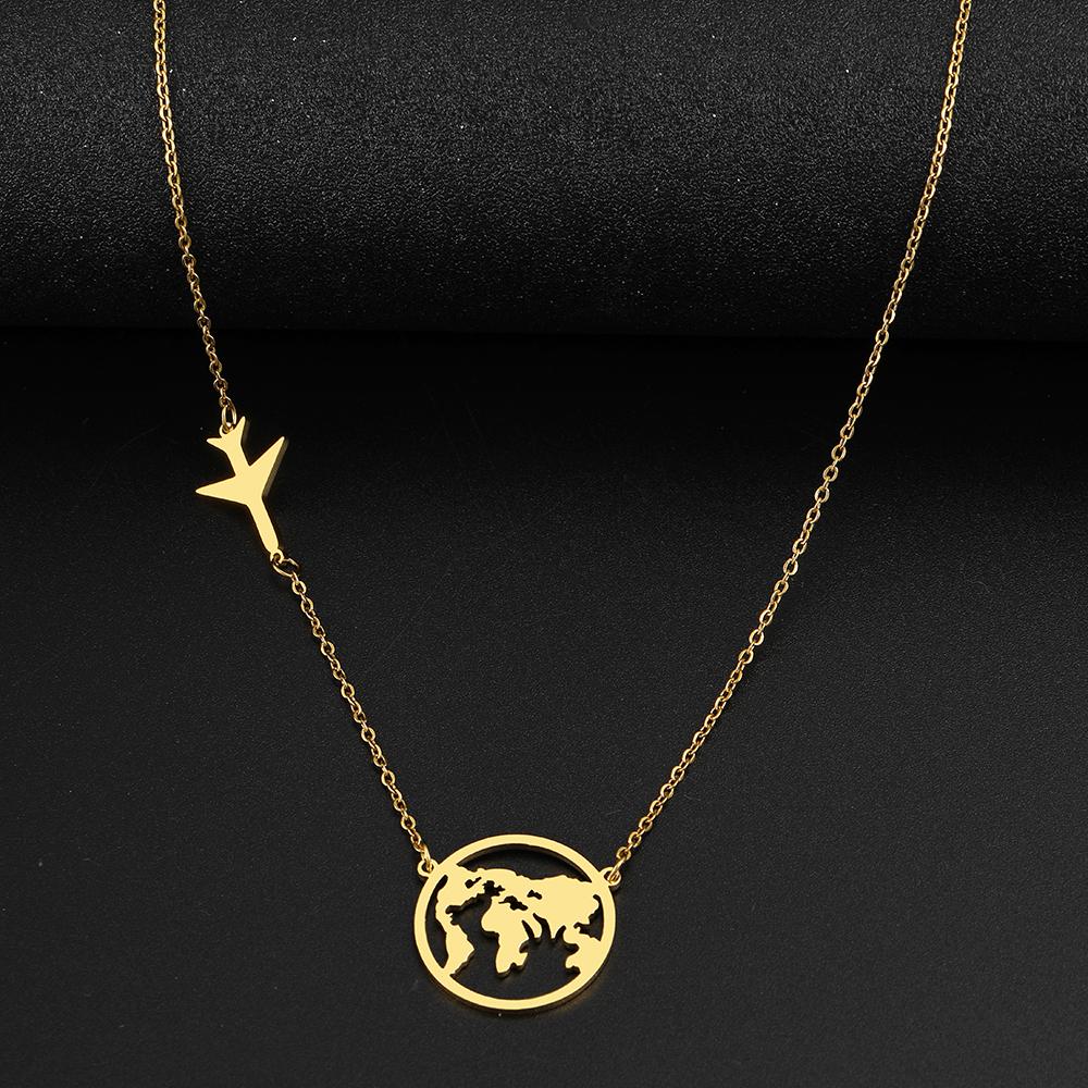 Stainless Steel Necklaces Airplane Globe Map Traveler Pendants Fashion Choker Chains Charms Male Necklace For Women Zircon Gift