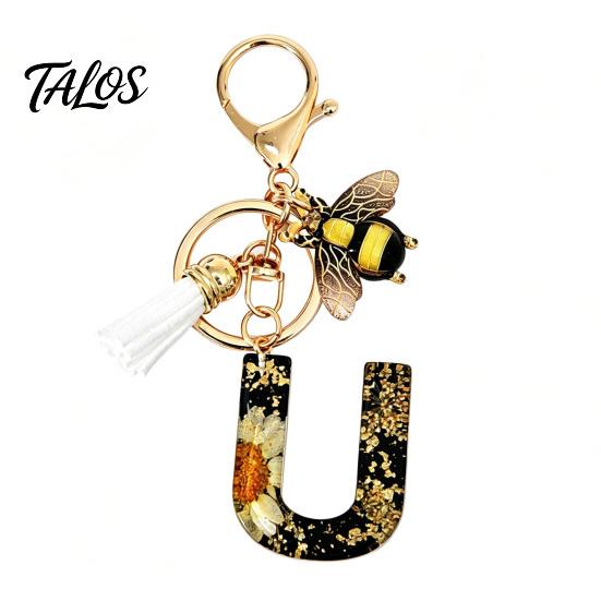 Talos Black Series Keychain Pendant, Dried Flower Initial Letter Charm Key Chain with Bee Tassel Design, A-Z Holder for Bag Purse Backpack