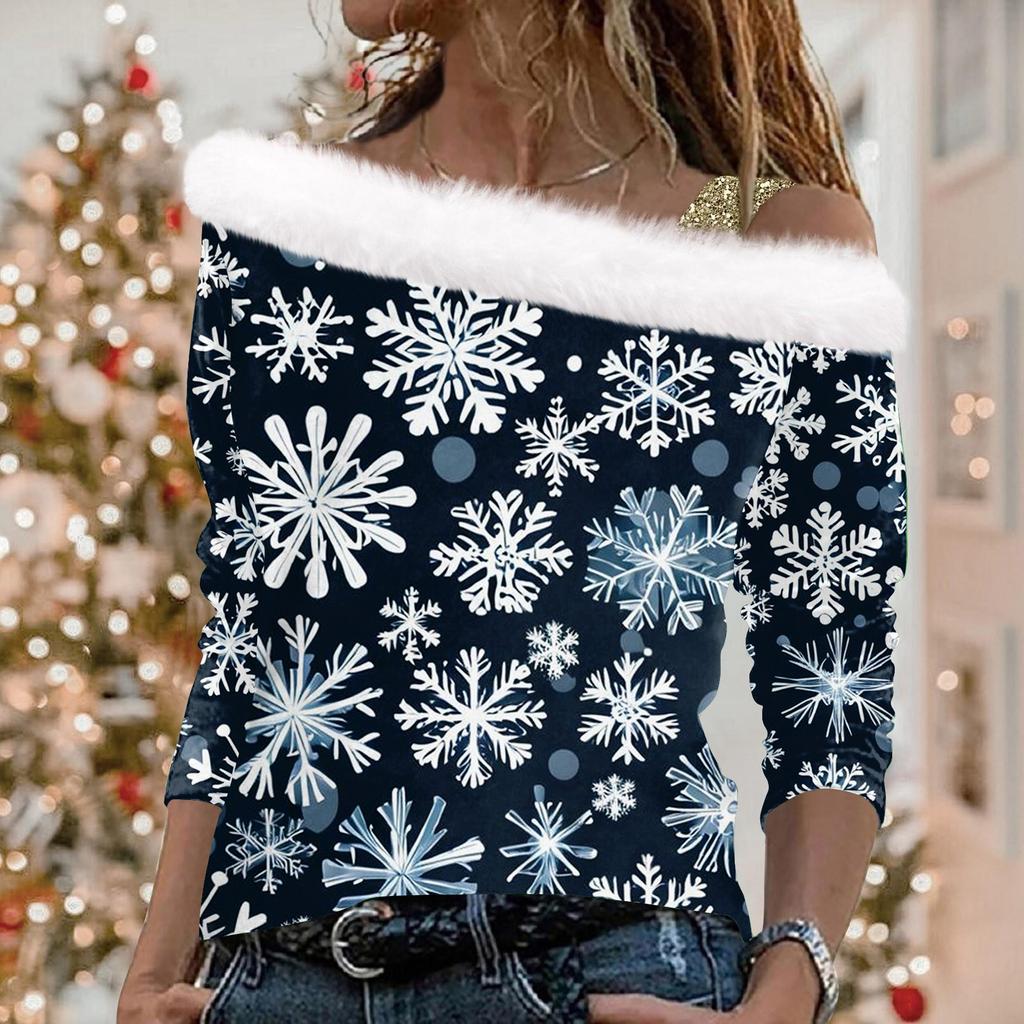 Женский повседневный свободный топ с длинными рукавами и рождественским принтом из плюша