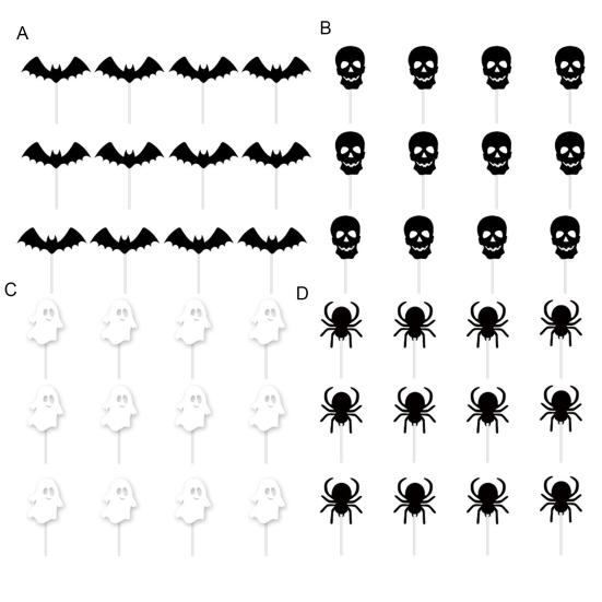 12 шт. Хэллоуинские топперы для кексов Черный паук Череп Летучая мышь Белый призрак Пики для торта для Хэллоуинской тематической вечеринки по случаю дня рождения