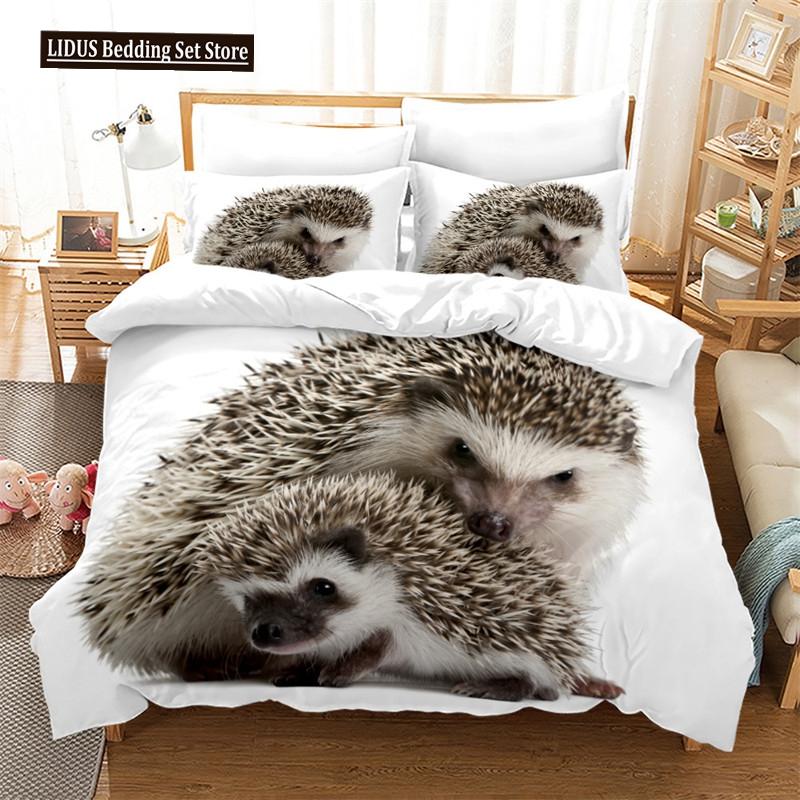 Hedgehog Bedding Set Cute Kawaii Wildlife Comforter Cover With Pillowcases For Kids Boys Girl Polyester Bedding Set King Size