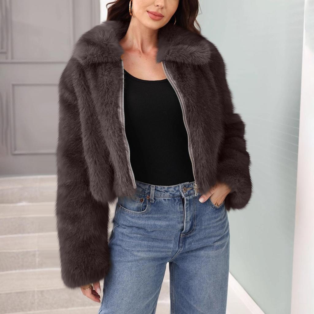Women's Fashionable Warm Long Sleeve Solid-Color Furry Coat