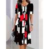 Ladies' Elegant Geometric Print Dress Short Sleeved Round Neck Casual Semi Formal Outfit for Spring, Summer, Autumn