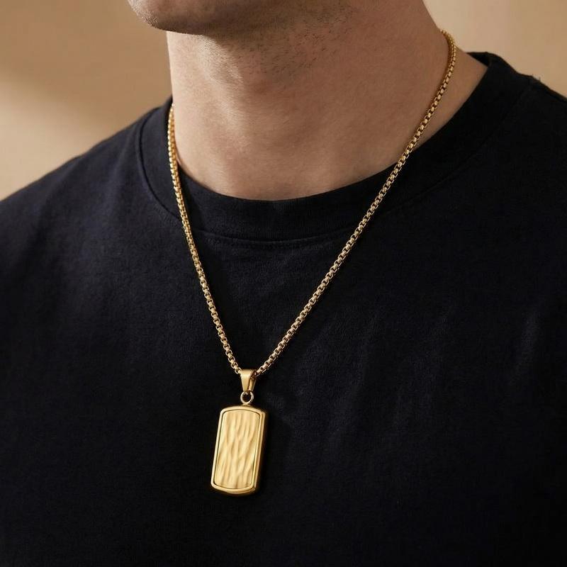 Hip Hop Square Textured Dog Tag Necklace Stainless Steel Box Chain Pendant 45cm Adjustable Length Trendy Jewelry Gift for Men