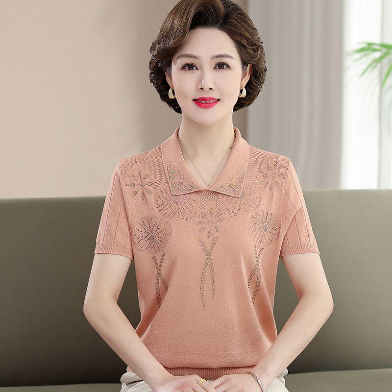 Mom's Summer Short Sleeved Stylish Ice Silk T-shirt Middle-aged and Elderly Lapel Top Slimming Knit T-shirt