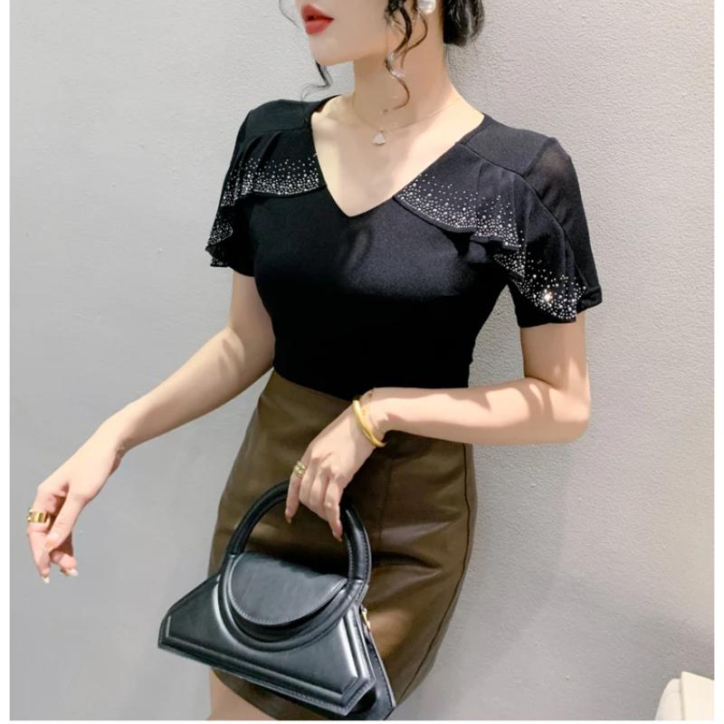 New Summer Streetwear Girl Chic Ruffled Hot Diamonds T-Shirt Fashion V-Neck Short Sleeve Mesh Tops Women's Tees Clothes Blouse