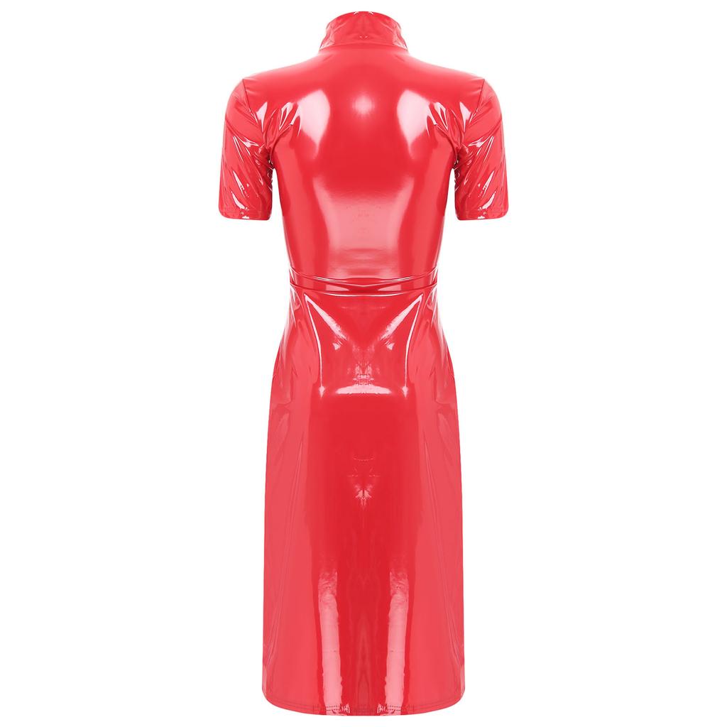 Женское кожаное платье с мокрым эффектом, воротником-стойкой, коротким рукавом, молнией спереди, разрезом, облегающее платье-пиджак, платье для диджеев, музыкальное шоу, диско-рейв, вечеринка, клубная одежда