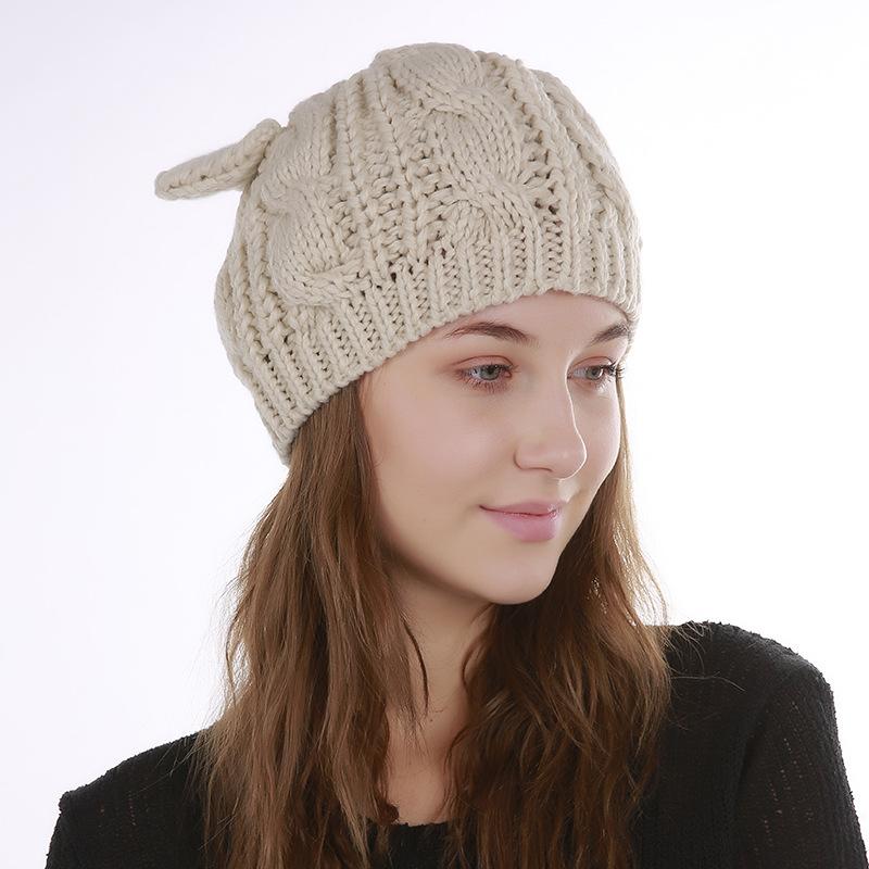 Autumn Winter Knitted Warm Women's Jacquard Fried Dough Twist Cat Ears Cute Wool Single Layer Hat