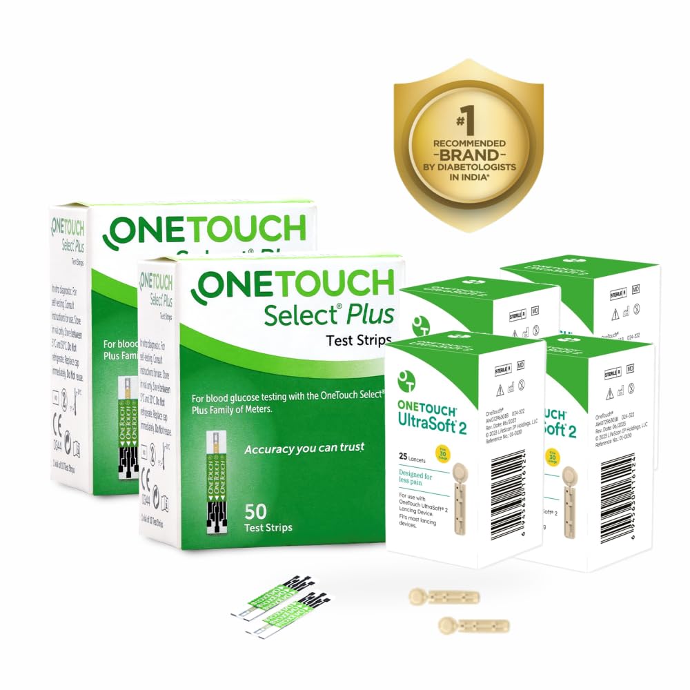 Тест-полоски для измерения уровня глюкозы в крови OneTouch Select Plus, 100 полосок со 100 одноразовыми ланцетами OneTouch Ultrasoft 2, Для использования с глюкометром OneTouch Select Plus Simple