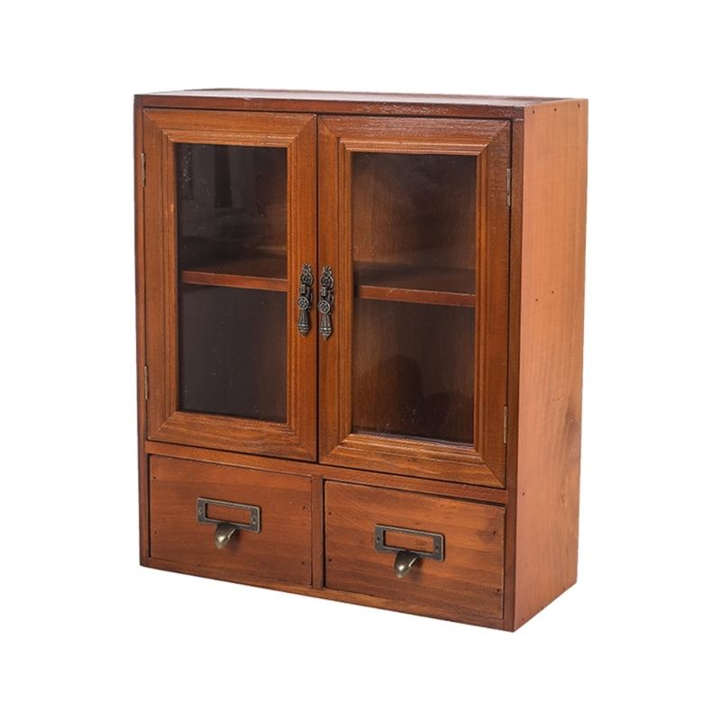 Wooden Desktop Organizers Cabinet with Glass Door for Cosmetics, Stationery, Small Kitchen Items and Decors Use