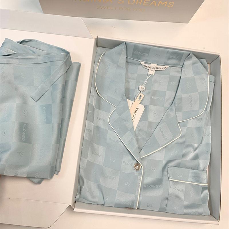 Весна Осень Новинка Ледяной Шелковый Пижамы Женский Кардиган с Застежкой-Ломтиком Женский Комплект Из Двух Частей Элегантная Фиолетовая Женская Пижама