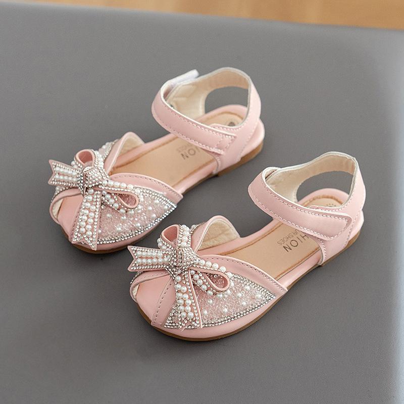 Rhinestone Pearl Bowknot Sandals for Girls Summer 2024 Princess Party Dance Sandals Children Beach Sandals Flats Kids Chic Shoes