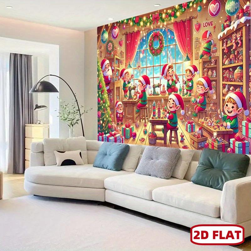 2D flat 1pc Christmas polyester background fabric - Santa Claus' elves and toy factory scenes, Christmas decorations