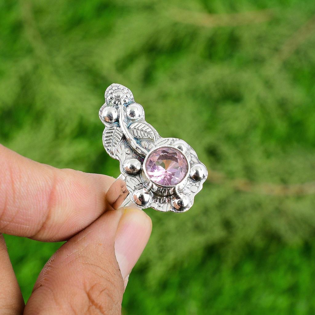 Natural Pink Topaz Gemstone Statement Flower Adjustable Ring 925 Sterling Silver