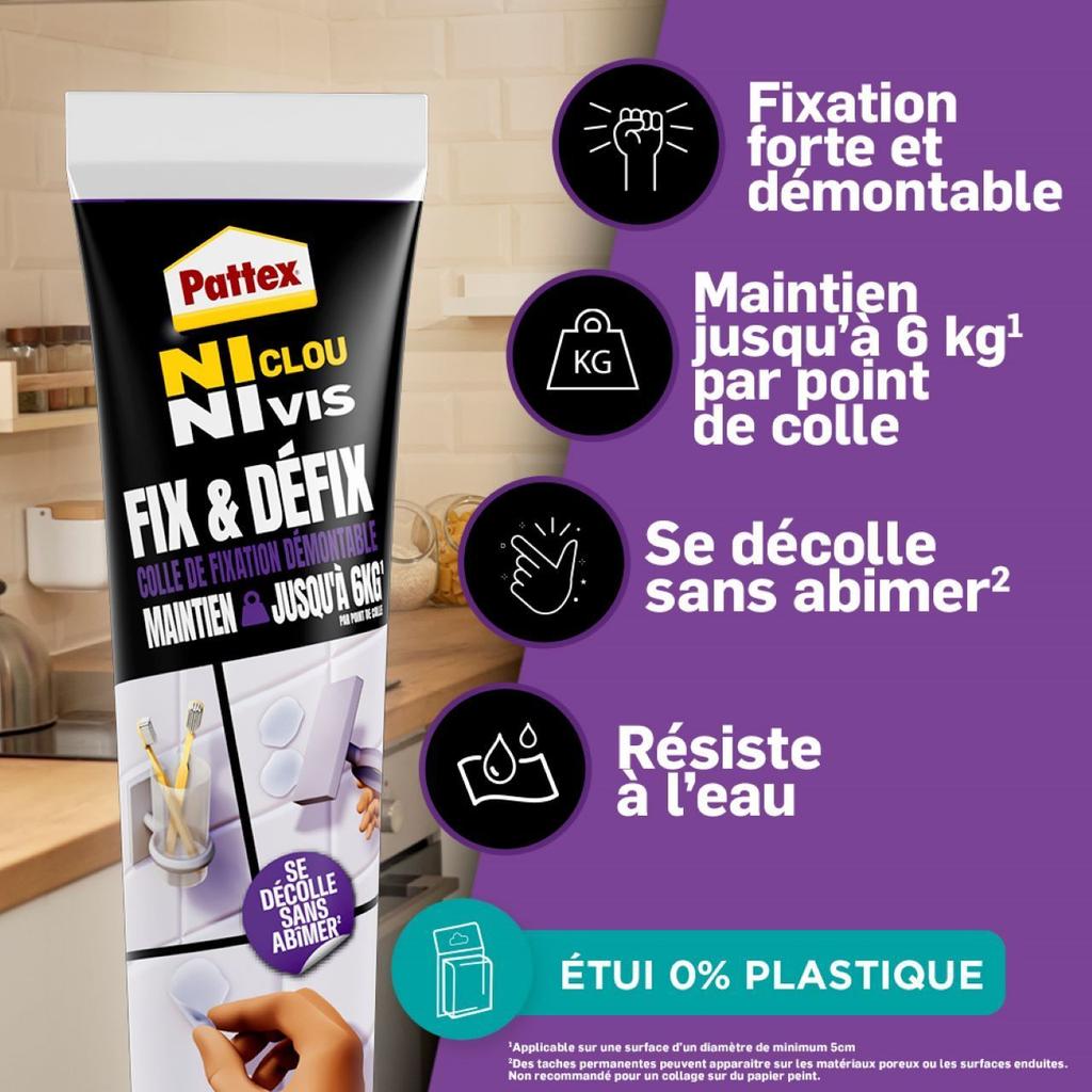 Colle Fixation - PATTEX - 2970856 - Ni clou ni vis - Fix & Défix - Tube - 44g