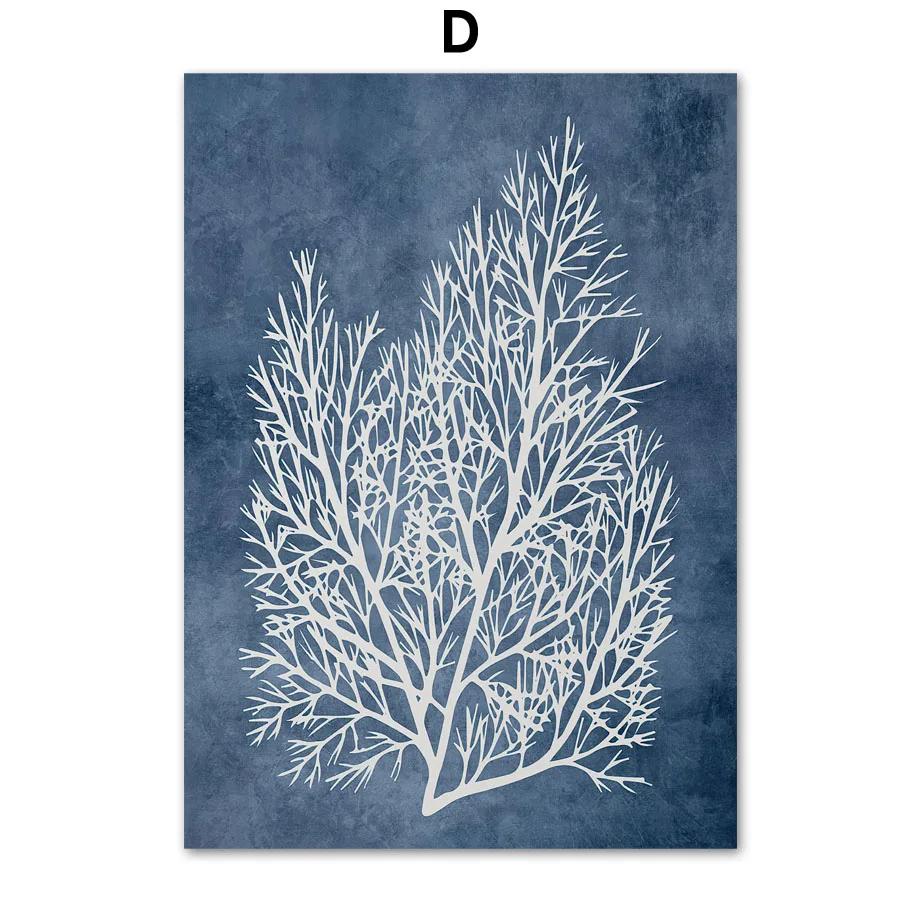 Navy Blue Sea Coral Seaweed Wall Art Canvas Painting Nordic Posters And Prints Beach House Wall Pictures For Living Room Decor
