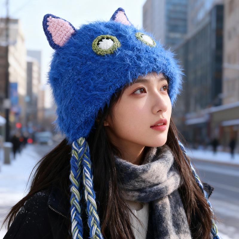 Japanese Cute and Funny Little Monster Plush Knitted Hat for Women Autumn and Winter Warm Ear Protection Bag Head Hat Versatile Lei Feng Hat