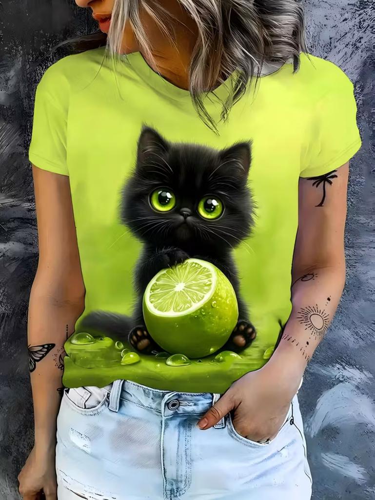 Women's Cute Cat Print Fashion Casual T-Shirt Short Sleeve Casual Short Sleeved O-Neck Harajuku T-Shirt Funny Clothes for Woman
