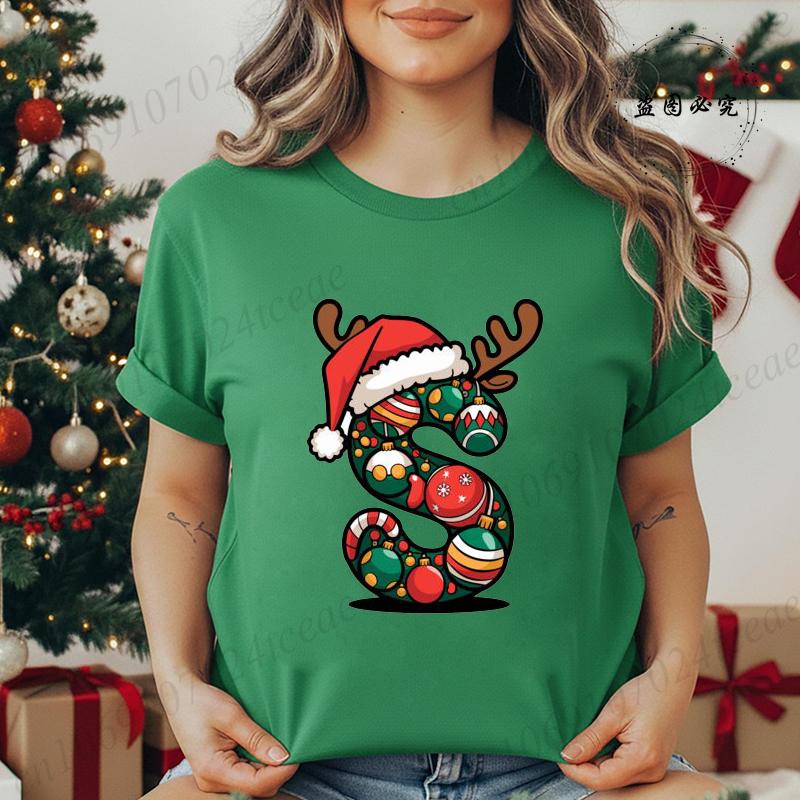 Fashion Printed T Shirt Festive Christmas Alphabet Letter with Santa Hat Unisex T Shirt Short Sleeves Crew Neck Female Clothes