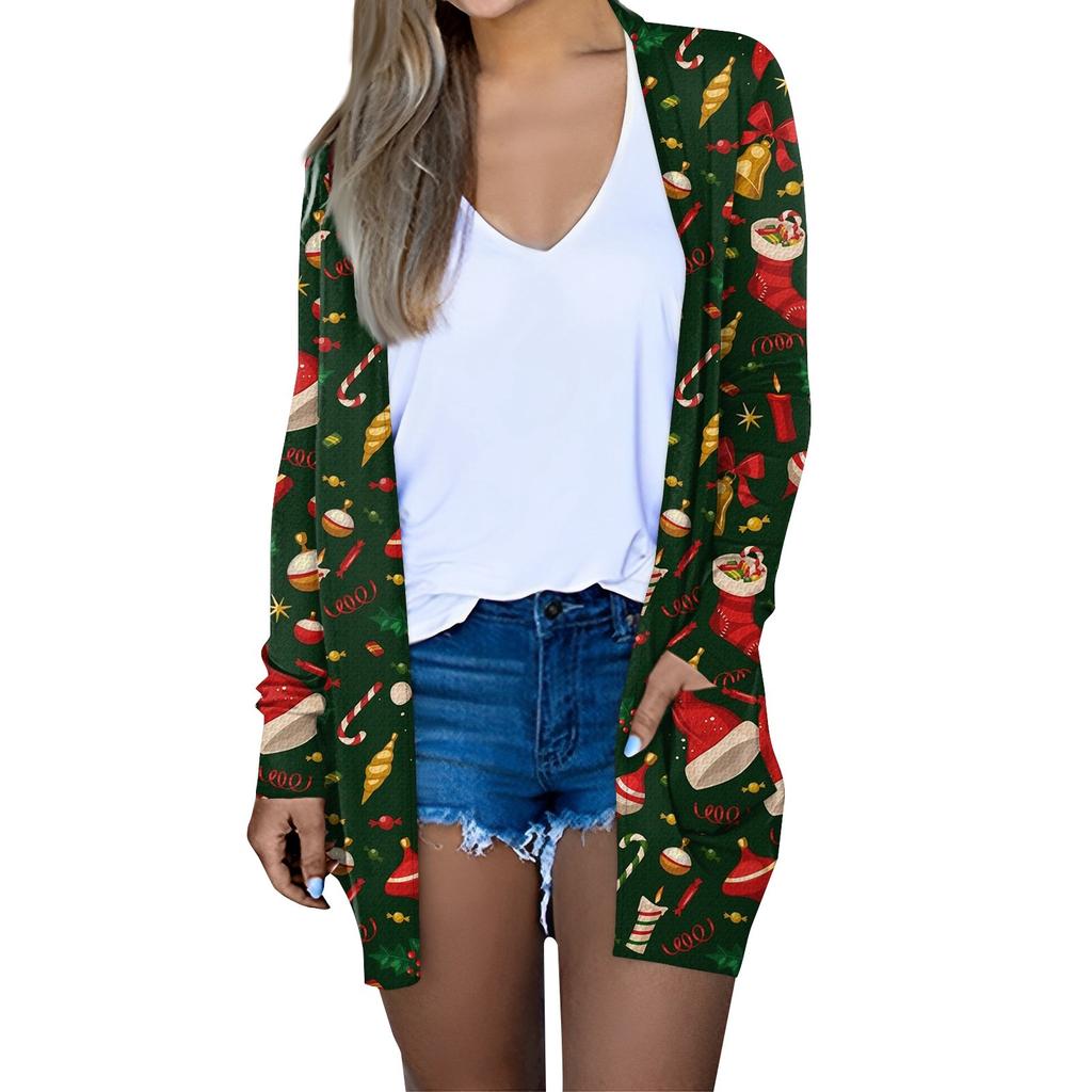 Women's Fashion Casual Christmas Print Medium Length Cardigan Jacket Coat
