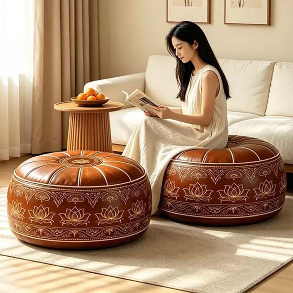 Round Shape Fillable Ottoman Pouf PU Leather Floor Seat Cushion New Storage Ottoman Living Room