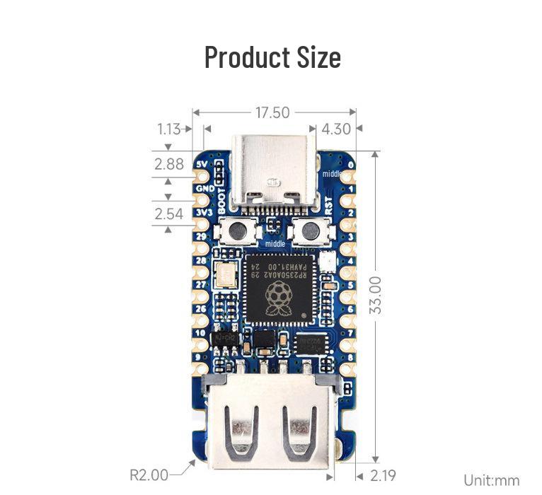 Двухъядерная мини-плата разработчика RP2350 с USB-A