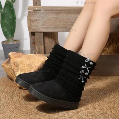 Дизайнерские присборенные ботинки-дутики женские 2025 зима, милые ботильоны с украшением в виде бантика, теплые ботинки средней длины до икры из короткого плюша
